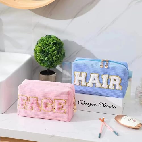 SEAMOON Pink Cosmetic Bags - 2 Pcs Corduroy Chenille Pink Letter Bag, Make Up Bag for Teens & Women, Ideal for Travel & Gifts
