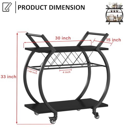 Black Arc-Shaped Bar Cart with Wheels and Wine Rack - Industrial Home Beverage Trolley with Storage