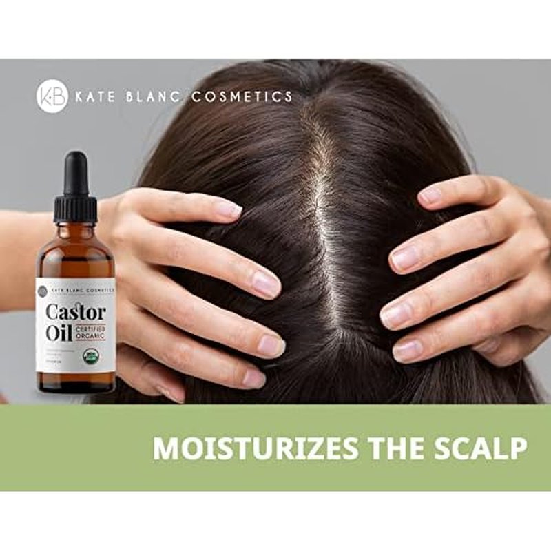 Kate Blanc Cosmetics Castor Oil Organic for Hair, Lashes, Face (2oz), 100% Pure, Cold Pressed, Hexane Free. Eyelash Serum for Thicker-Looking Eyelashes & Eyebrows