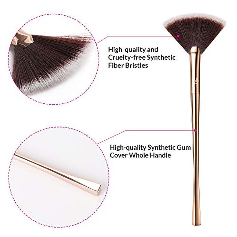 Fan Makeup Brush For Highlighter, Blush, Flutty&Powder Cosmetic Tool w/Long Handle& Anti-Champagne Gold Brush
