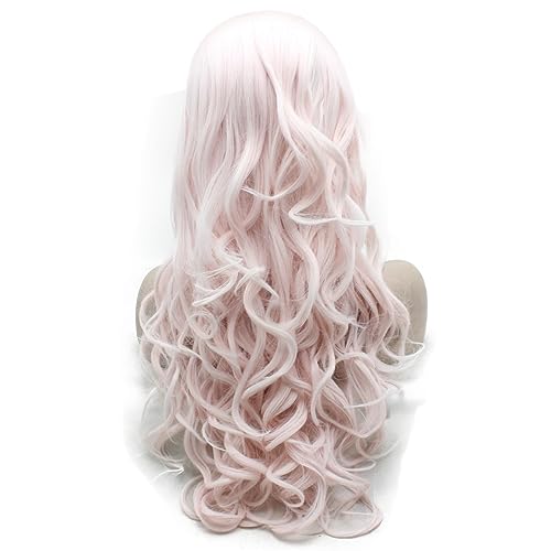 MX Angel Long Wavy Light Pink Lace Front Synthetic Wig Half Hand Tied for Cosplay & Party