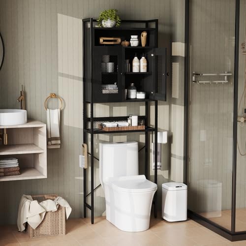 Over The Toilet Storage Cabinet - 5-Tier Bathroom Organizer with Mesh Doors - Black / Rustic Variation