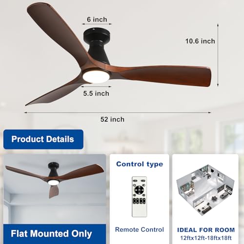 Depuley 52-Inch Walnut Flush Mount Ceiling Fan with Lights & Remote - Low Profile Indoor Outdoor