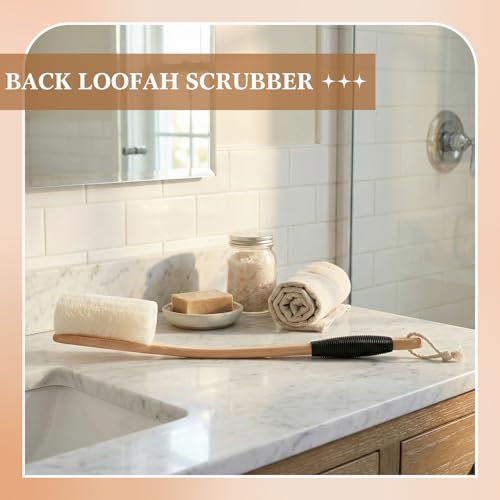 Zhehao 2 Pack Natural Loofah with Handle, Shower Loofah, Back and Body Scrubber Brush with Non Slip Silicone Grip and Hanging Rope for Wet Use Men Women Elders