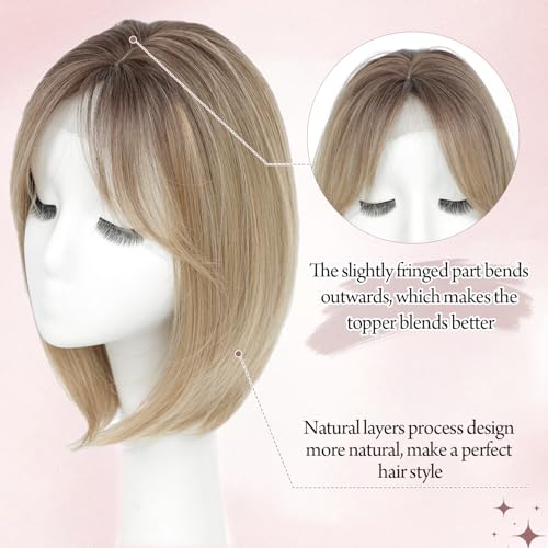 Megito 12 Inch Synthetic Hair Topper for Women, Ombre Blonde with Dark Root, Clip-In Volumizing Wiglet for Full Coverage and Natural Look