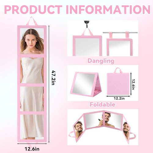 ROYALAY Foldable Full Length Mirror with Handle, 47 * 13in Four-fold Portable Mirror for Travel Makeup Dancing and Fitting Clothes, Pink