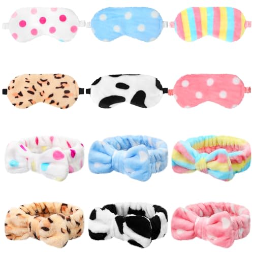 Kajaia 12 Pcs Sleepover Party Favors for Woman Plush Sleep Eye Mask Soft Spa Headband Gift for Spa Birthday Bachelorette Slumber Wedding Graduation Party Supplies(Stylish)