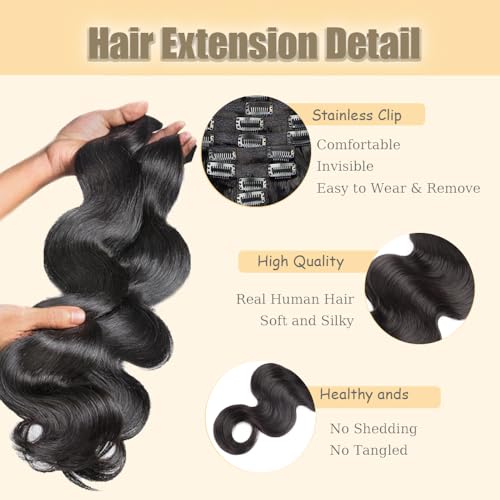Clip in Hair Extensions 20 Inch Natural Black Human Hair Seamless Body Weft - Black CP-Pure Black-B