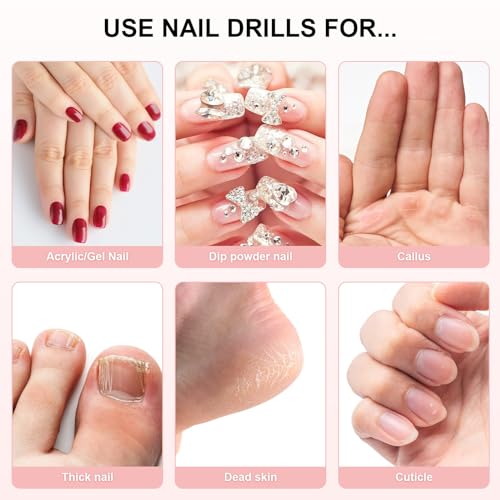 Cordless Electric Nail Drill Machine Pink - 20000 RPM, Rechargeable & Portable, 12-in-1 Kit for Beginners & Pros