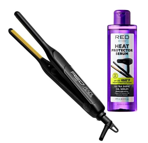 KISS Flat Iron & Heat Protectant Hair Serum Bundle - 3/10" Ceramic Tourmaline Plates, Straightens from Root, Medium Hair