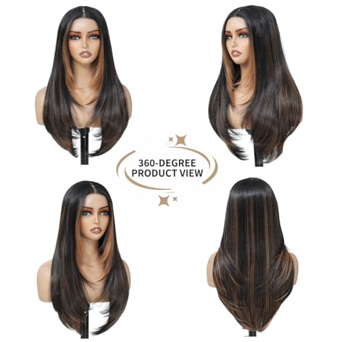 KPROYU Synthetic Lace Front Wig 26 Inch Long Straight Layered Honey Blonde with Black Skunk Stripe Glueless HD Lace for Black Women