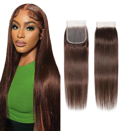 Chocolate Brown Closure #4 4x4 Free Part Human Hair Extensions 12 Inch - Straight Wave, Bleached Knots, Pre-plucked
