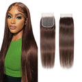 Chocolate Brown Closure #4 4x4 Free Part Human Hair Extensions 12 Inch - Straight Wave, Bleached Knots, Pre-plucked