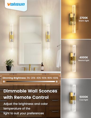 VOLISUN Gold Battery Operated Wall Sconces Set of 2 with Remote, Rechargeable Wireless Wall Lights for Living Room & Bedroom