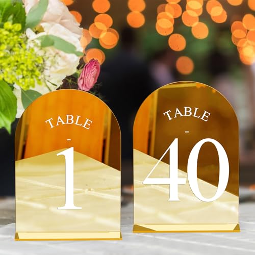 Wedding Table Numbers 1-40 with Stands - Gold Acrylic Arch Design, White Font - Variation of Gold White Font / Table Number 1-40