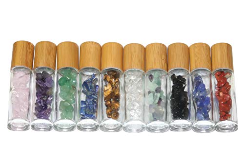 Wresty 10ml Glass Essential Oil Roller Bottles with Gemstone Tops & Bamboo Lids - 10 Pack