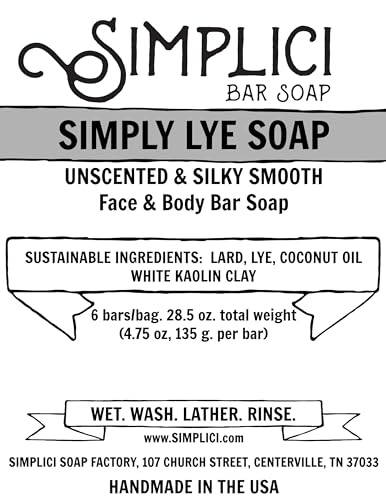 Simplici Natural Unscented Lye Soap - Palm-Free 6 Bar Value Pack for Sensitive Skin