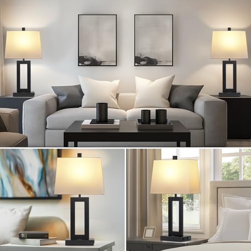 Black Bedside Table Lamp Set of 2 with USB & Type-C Ports - Modern Nightstand Lamps with Fabric Shades - White & Black Variation