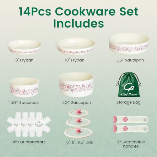 White Ceramic Cookware Set 14Pcs Non-Toxic Detachable Pans and Pots