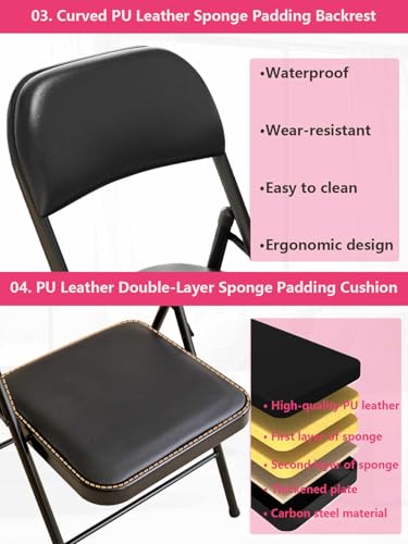 Black PU Leather Folding Chairs with Cushion 4 Pack Heavy Duty Steel - Variation: Black PU Leather