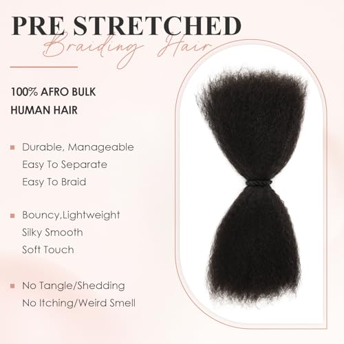 Pre Stretched Afro Kinky Straight Human Hair Bulk for Braids & Locs - 14 Inch, 50g/Pack - 1B Variation