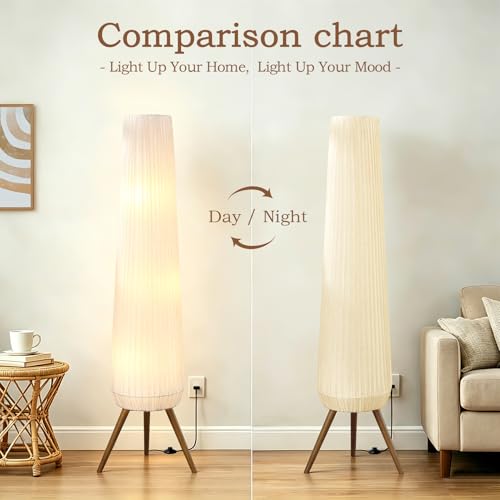 Oatmeal Fabric Pleated Floor Lamp with Walnut Wood Tripod Base - 61in Tall