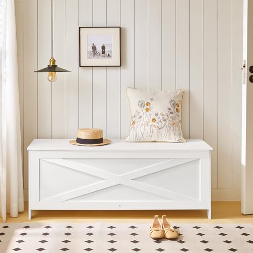 White Storage Chest Bench with Lid, Safety Hinges, 47.2 Inch