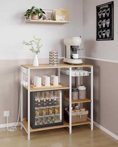VASAGLE Kitchen Baker’s Rack with Power Outlet, Oak Beige & Ink Black Steel Frame & Wire Basket