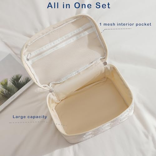 3Pcs White Shell Quilted Cotton Makeup Bag Set - Travel & Organizing Accessories