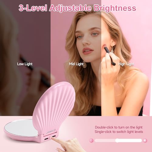 Compact Makeup Mirror with Lights - 3.5" Portable, 2-Sided, Lightweight & Shatterproof, Folding Magnifying Mirror 2X/10X, Small Gift for Women