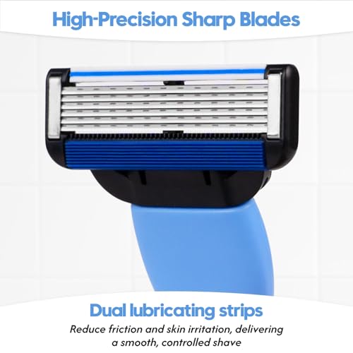 6-Blade Men's Razor with Dual Lubrication, Shaving Kit for Men, 10 Piece Set, 1 Handle & 9 Refill Cartridges, Smooth Comfortable Shave (Blue)