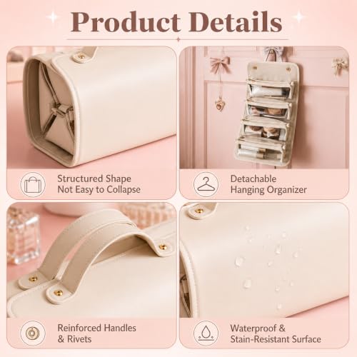 White Expandable Waterproof Makeup Bag Set with Cosmetic Pouch & Brush Holder