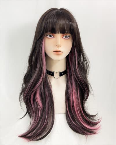 Colorful Long Wavy Synthetic Wig for Women with Bangs - Black, Brown & Pink