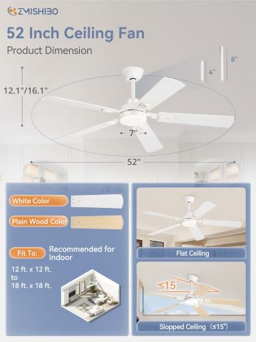 ZMISHIBO 52-Inch Modern Ceiling Fan with Lights & Remote Control - White, Indoor Use