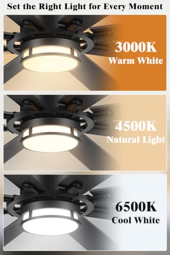 Black 65 Inch Ceiling Fan with Light, 6 Speeds, 3 CCT & Metal Downrod - Large Room Fan