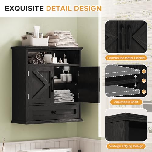 Viroformo Black Farmhouse Wall Cabinet with Barn Doors & Adjustable Shelves