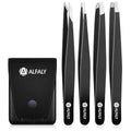 Tweezers Set - Professional Stainless Steel 4-Piece Precision Tweezer for Men & Women - Great for Facial Hair Removal, Eyebrow Shaping, Splinters & Ingrown (Black)