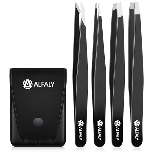 Tweezers Set - Professional Stainless Steel 4-Piece Precision Tweezer for Men & Women - Great for Facial Hair Removal, Eyebrow Shaping, Splinters & Ingrown (Black)