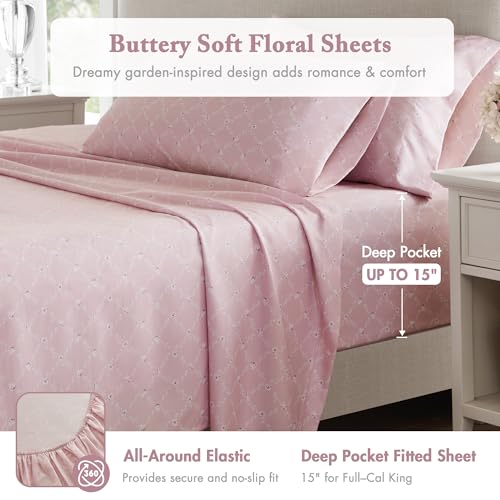 Pink Floral Comforter Set with Sheets - Full Size 7pc Reversible Bedding