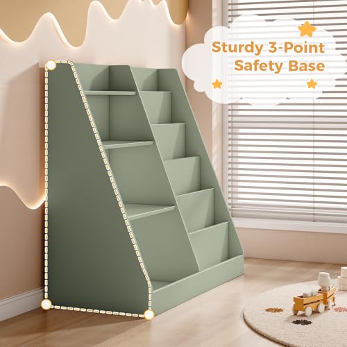 Tatub Upgraded 6-Tier Kids Wooden Bookshelf and Toy Storage with 4 Display Shelves, Sage Green