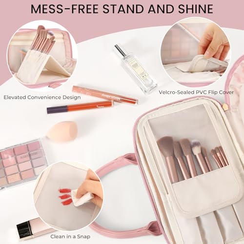 Travel Makeup Bag for Women - Pink, Large Capacity, Stand-Up Cosmetic Organizer with Brush Holder