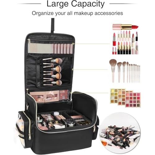 Professional Makeup Artist Bag, Extra Large Makeup Bag Organizer Travel Cosmetic Train Case Tattoo Case Makeup Organizer Box with Adjustable Dividers &Shoulder Straps(Black, Extra Large)