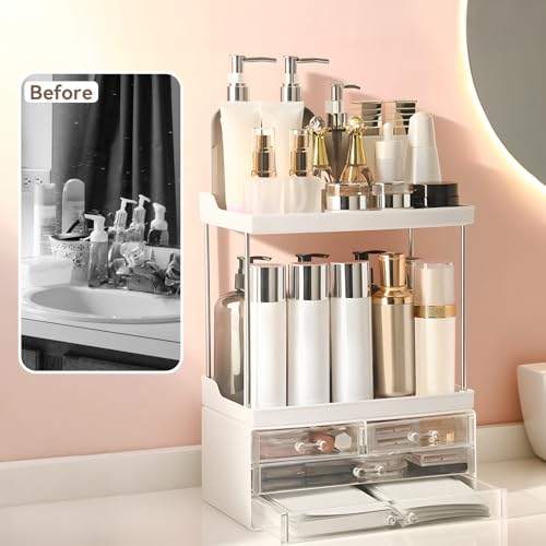 Bathroom Organizers and Storage, 5-Tier 4-Drawer Makeup Organizer Countertop, Multi-Purpose Large Makeup Vanity Organizer, Hair Product, Perfume & Skincare Storage, White