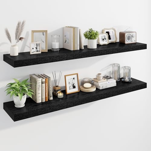 Black 55-inch Floating Wall Shelves Set of 2 with Invisible Brackets - Rustic Wood