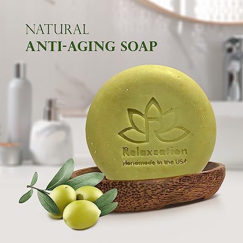 Relaxcation Made in USA 5 Bulk Soap Bars with Organic Olive Oil and Olive Leaves - Anti-aging and Antioxidant Natural Cold Process Soap Handmade in USA