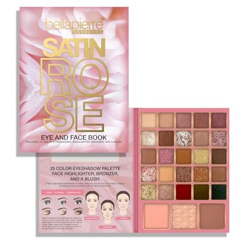Bellapierre Satin Rose Face & Eye Book Palette | 25 Eyeshadow Shades with Blush, Bronzer, & Highlighter | Non-Toxic & Paraben Free | Vegan & Cruelty-Free