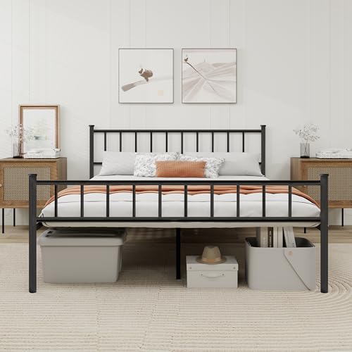 Black Full Size Metal Platform Bed Frame with Headboard & Storage