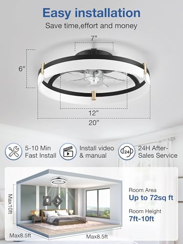 20-Inch Smart Ceiling Fan with Lights, Remote & Alexa Control, Black+Gold, Low Profile Flush Mount