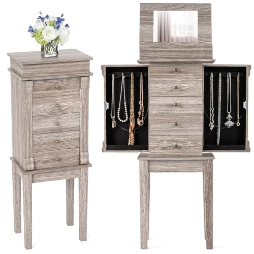 GIANTEX Standing Jewelry Cabinet with Flip Top Mirror & Light Gray Oak Finish