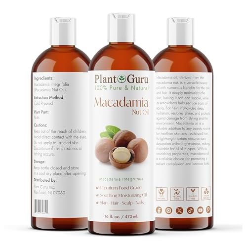 Plant Guru Macadamia Nut Oil 16 fl. oz. Cold Pressed 100% Pure Natural Carrier ? Skin, Face, Body, and Hair Moisturizer. Ideal for DIY Creams, Lotions, and Lip Balms